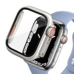 Sidabrinis-oranžinis dėklas Apple Watch 7 8 9 45mm su apsauga ekrano ir koronėlės