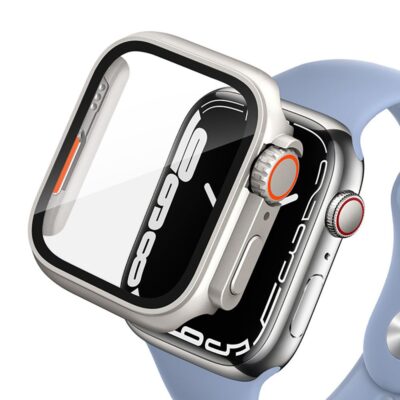 Sidabrinis-oranžinis dėklas Apple Watch 7 8 9 45mm su apsauga ekrano ir koronėlės