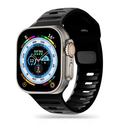 Juoda apyrankė Apple Watch su perforuotu dizainu ir Tech-Protect Iconband Line