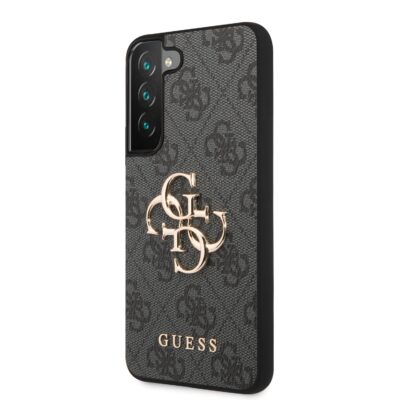 Pilkas originalus deklas Guess PU 4G Metal Logo telefonui Samsung Galaxy S23 su auksinio atspalvio logotipu