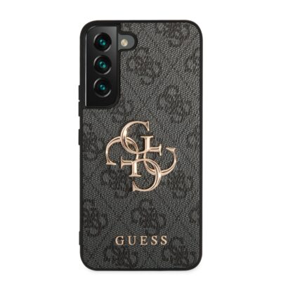 Pilkas originalus deklas Guess PU 4G Metal Logo telefonui Samsung Galaxy S23 su aukso spalvos logotipu