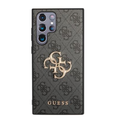 Pilkas originalus dėklas Guess PU 4G Metal Logo telefonui Samsung Galaxy S23 Ultra su metaliniu logotipu