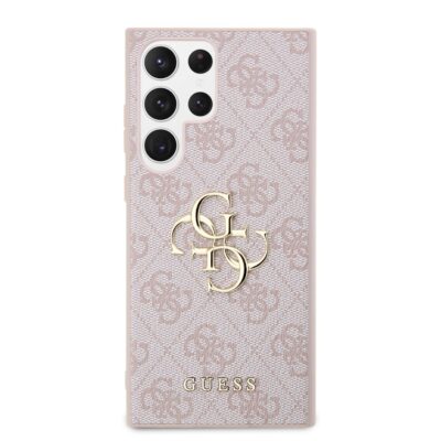 Rausvas originalus dėklas Guess PU 4G Metal Logo telefonui Samsung Galaxy S23 Ultra su metaliniu logotipu