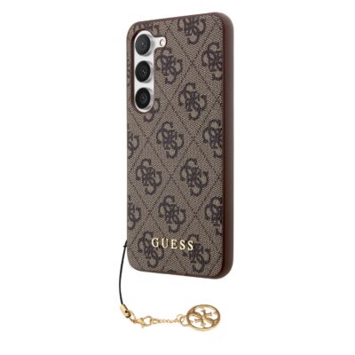 Rudas originalus dėklas Guess 4G Charms telefonui Samsung Galaxy S23 su raštu ir auksiniu pakabuku