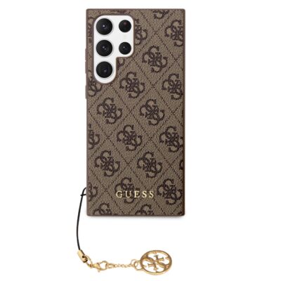Rudas originalus deklas Guess 4G Charms telefonui Samsung Galaxy S23 Ultra su auksiniu pakabuku