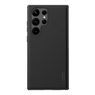 Juodas plastikinis dėklas Samsung Galaxy S23 Ultra su tekstūruota paviršiaus apsauga ir magnetiniu funkcionalumu