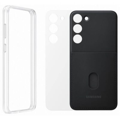 Juodas originalus dėklas EF-MS916CBE Frame Cover telefonui Samsung Galaxy S23 Plus su aiškiu ir baltu apsauginiu sluoksniu