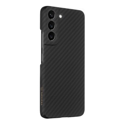 Juodas dėklas Tactical MagForce Aramid telefonui Samsung Galaxy S22 su matiniu raštu aplink kamerų zoną