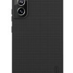 Juodas plastikinis dėklas Samsung Galaxy S22 su matinio paviršiaus tekstūra ir kameros apsauga