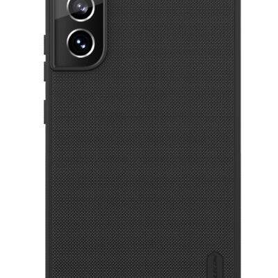 Juodas plastikinis dėklas Samsung Galaxy S22 su matinio paviršiaus tekstūra ir kameros apsauga