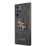 Pilkas originalus dėklas Guess PU 4G Metal Logo telefonui Samsung Galaxy S22 Ultra su auksiniu logotipu