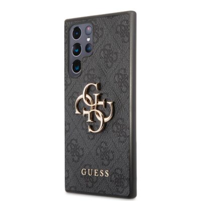 Pilkas originalus dėklas Guess PU 4G Metal Logo telefonui Samsung Galaxy S22 Ultra su auksiniu logotipu