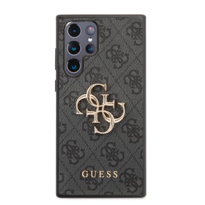 Pilkas originalus dėklas Guess PU 4G Metal Logo Samsung Galaxy S22 Ultra telefonui