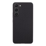 Juodas dėklas Tactical MagForce Aramid telefonui Samsung Galaxy S23 su anglies pluošto raštu ir trimis kamerų objektyvais