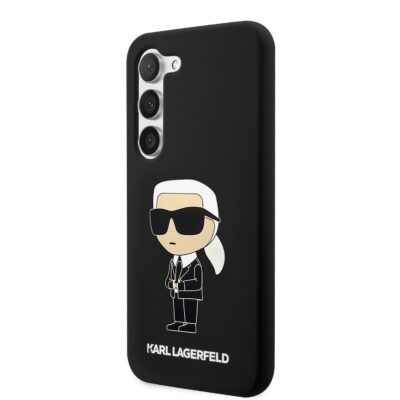 Juodas originalus dėklas Karl Lagerfeld Liquid Silicone Ikonik NFT telefonui Samsung Galaxy S23 su stilizuotu Karl Lagerfeld piešiniu