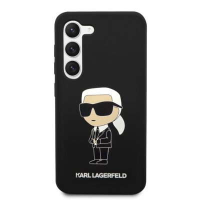 Juodas originalus dėklas Karl Lagerfeld Liquid Silicone Ikonik NFT telefonui Samsung Galaxy S23 su figūrėle ir logotipu