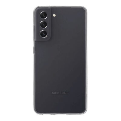 Skaidrus dėklas Tactical TPU telefonui Samsung Galaxy S21 FE 5G, matomas juodas telefonas su trijų kamerų moduliu