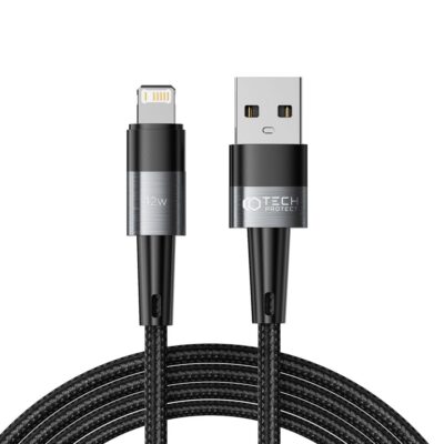 Pilkas TECH-PROTECT ULTRABOOST LIGHTNING CABLE 12W laidų jungtis ir juodas nailoninis apvalkalas