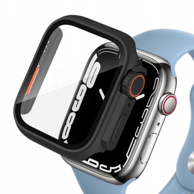 Juodas-oranžinis dėklas Apple Watch 7 / 8 / 9 (45mm) Tech-Protect Defense 360 su permatomu ekrano apsaugos dangčiu