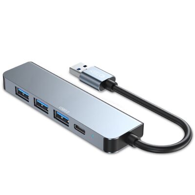 Pilkas adapteris TECH-PROTECT V0-HUB ADAPTER 5IN1 su USB 3.0 jungtimis ir USB tipo C prievadu