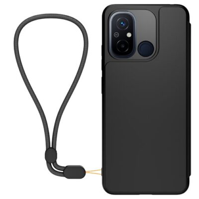 Juodas originalus dėklas Book Necklace telefonui Xiaomi Redmi 12C su pritvirtinta rankena