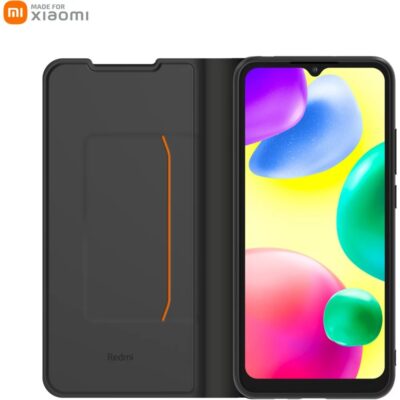 Juodas originalus atverčiamas dėklas telefonui Xiaomi Redmi 9C arba 10A su matoma vidine kortelių kišenė