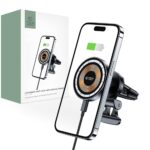 Juodas automobilinis telefono laikiklis ir pakrovėjas TECH-PROTECT MM15W-V5 MAGNETIC MAGSAFE prijungtas prie telefono