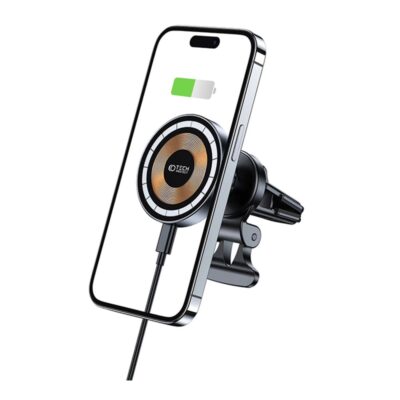 Juodas automobilinis telefono laikiklis ir pakrovėjas TECH-PROTECT MM15W-V5 Magnetic MagSafe prisegtas prie automobilio ventiliacijos grotelių