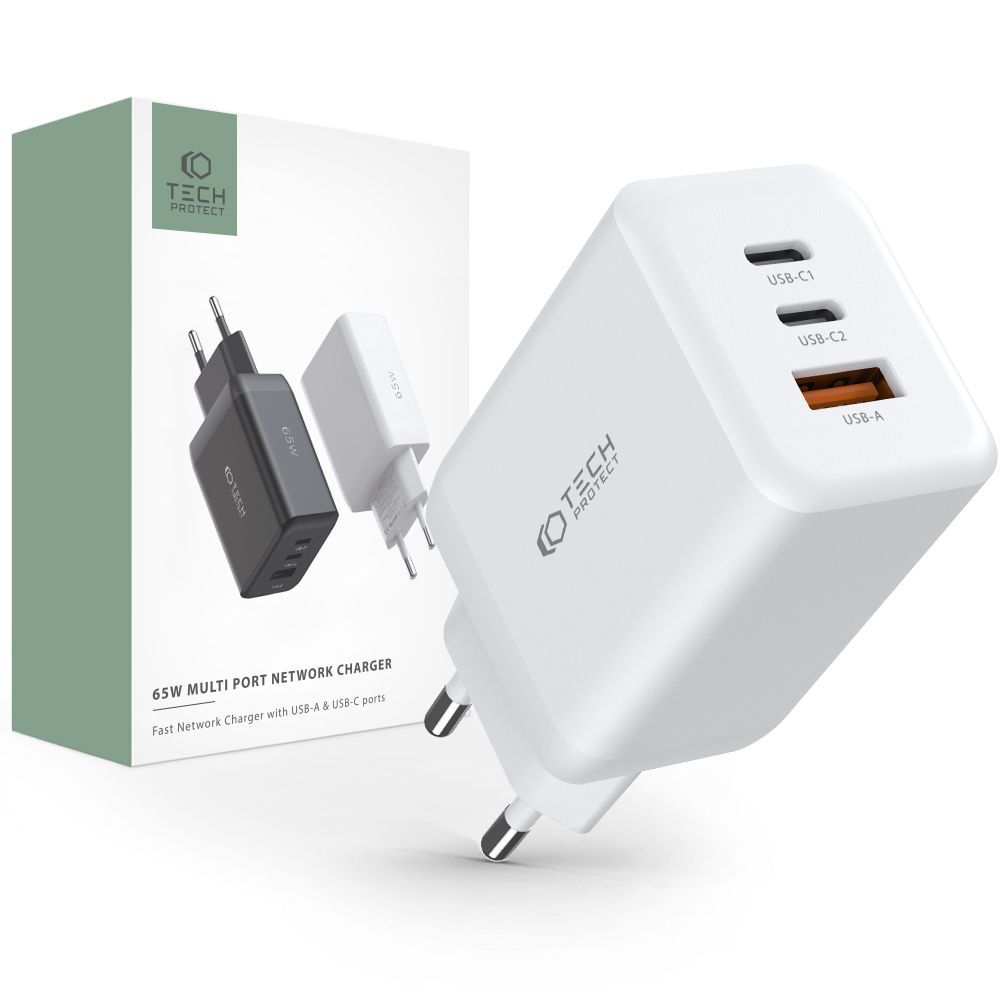 Baltas buitinis pakrovėjas TECH-PROTECT C65W Baltas buitinis pakrovėjas TECH-PROTECT C65W su trimis USB įvestimis USB-C1, USB-C2 ir USB-A