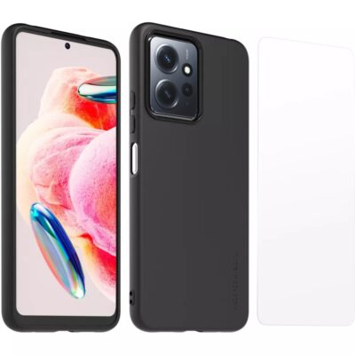 Juodas originalus dėklas TPU Cover su apsauginiu stiklu telefonui Xiaomi Redmi Note 12 4G