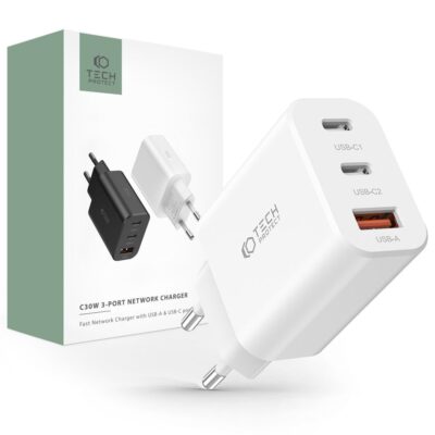 Baltas buitinis pakrovėjas TECH-PROTECT C30W 3-PORT NETWORK CHARGER su USB-C1, USB-C2 ir USB-A jungtimis