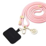 Rausvas-auksinis telefono dirželis Guess Crossbody Strap Cord 4G Charm su aukso spalvos detalėmis