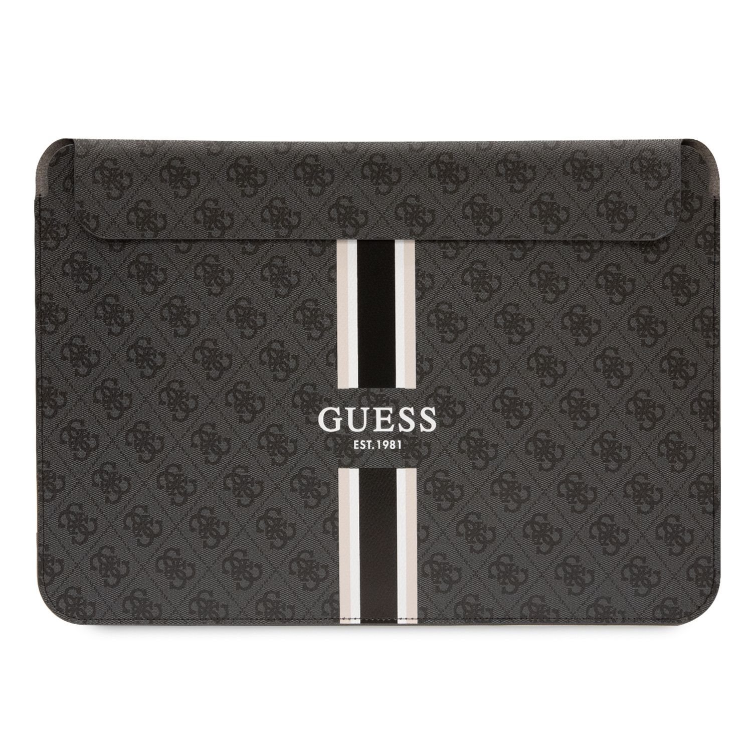 Juodas krepšys kompiuteriui Guess PU 4G Printed Stripes Computer Sleeve 13/14 Juodas kompiuterio krepšys Guess PU 4G Printed Stripes su šviesiomis juostomis ir logotipu
