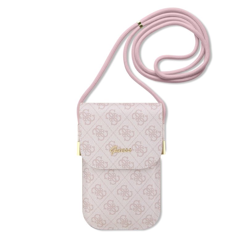 Rausvas krepšys telefonui Guess PU 4G Metal Logo Script Phone Bag Rausvas krepšys telefonui Guess PU 4G Metal Logo Script Phone Bag su metaliniu logotipu ir ilga rožine virvele