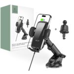 Juodas telefono laikiklis ir belaidis pakrovejas TECH-PROTECT CM15W-V1 automobilio prietaisu skydelyje ir ventiliacijos groteliuose