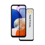 Juodas apsauginis ekrano stikliukas Samsung Galaxy A14 5G Tactical Glass Shield 5D su žaliais ir oranžiniais fonais telefone
