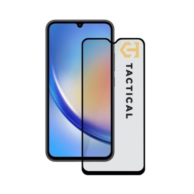 Juodas apsauginis ekrano stikliukas Samsung Galaxy A34 5G Tactical Glass Shield 5D prieš telefoną