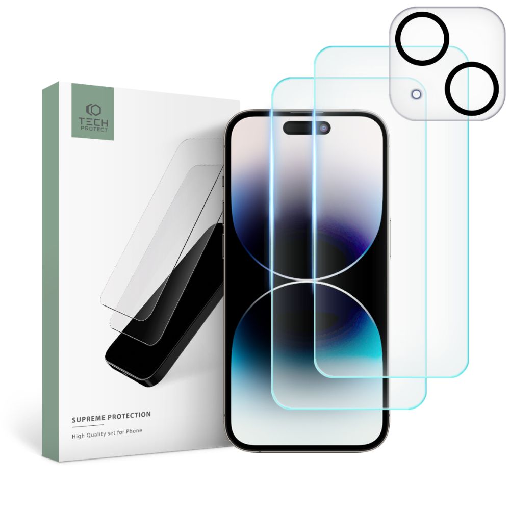 Ekrano ir kameros apsauginis stiklas Apple Iphone 15 Tech-Protect Supreme Set Ekrano ir kameros apsauginis stiklas Apple Iphone 15 Tech-Protect Supreme Set su skaidriais stiklais ir juodais apsauginiais žiedais kamerai