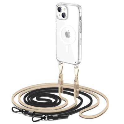 Skaidrus deklas su juoda-kremine virvele Apple Iphone 15 Tech-Protect Flexair Chain Magsafe