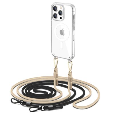 Skaidrus deklas su juoda-kremine virvele Apple Iphone 15 Pro Tech-Protect Flexair Chain Magsafe