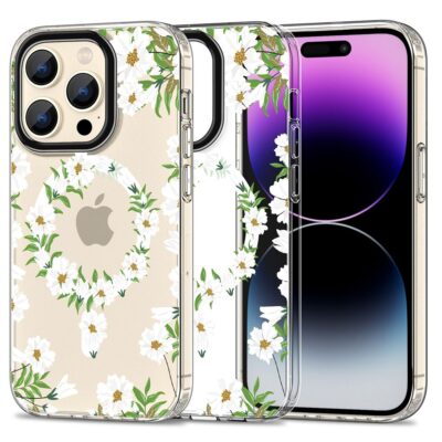White Daisy deklas telefonui Apple Iphone 15 Pro Tech-Protect Magmood Magsafe su baltos gelytes dizainu