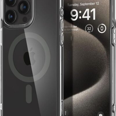 Aiškus dėklas Apple Iphone 15 Pro Max Spigen Ultra Hybrid Mag Magsafe su matoma telefono ekrano ir nugarėle