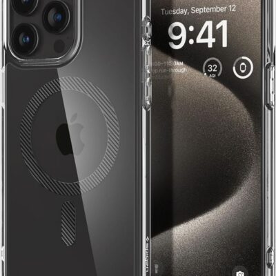 Skaidrus Carbon Fiber deklas Apple Iphone 15 Pro Max Spigen Ultra Hybrid Mag su matiniu juodu apskritimu ir magnetine sistema