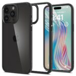 Juodas matinis dėklas Apple Iphone 15 Pro Spigen Ultra Hybrid su permatomu atgaliniu paviršiumi ir apsauginiais kampais