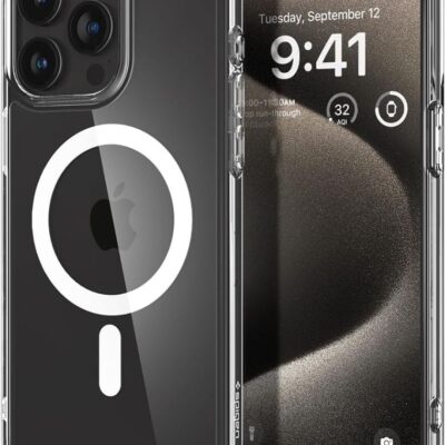 Baltas dėklas Apple Iphone 15 Pro Spigen Ultra Hybrid Mag Magsafe su permatomu dizainu ir apsauga kamerai