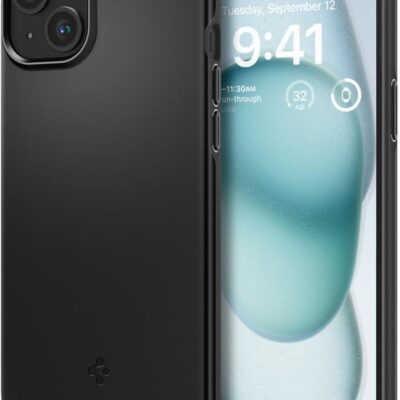 Juodas dėklas Apple Iphone 15 Spigen Thin Fit su matiniu paviršiumi ir apsauga aplink kameros lęšius