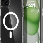 Baltas dėklas Apple Iphone 15 Spigen Ultra Hybrid Mag Magsafe aiškios spalvos ir magnezinės apsaugos