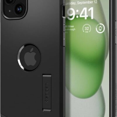 Juodas dėklas Apple Iphone 15 Spigen Tough Armor Mag Magsafe su stoveliu ir magnetiniu užsegimu