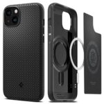 Juodas matinis dėklas Apple Iphone 15 Spigen Mag Armor Magsafe su tekstūruota nugarėle ir MagSafe žiedu