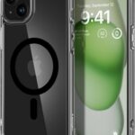 Juodas dėklas Apple Iphone 15 Plus Spigen Ultra Hybrid Mag Magsafe su permatomu rėmu ir magnetiniu žiedu
